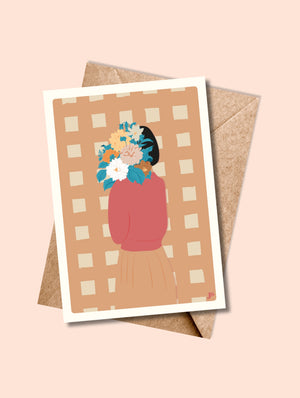 Carte postale Femme au bouquet – Automne avec enveloppe kraft, illustration poétique d'une femme de dos et bouquet fleuri.