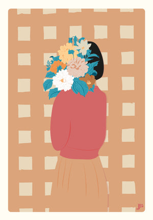 Illustration seule de la carte postale Femme au bouquet – Automne, femme en pull et jupe, bouquet coloré sur fond à carreaux pêche.
