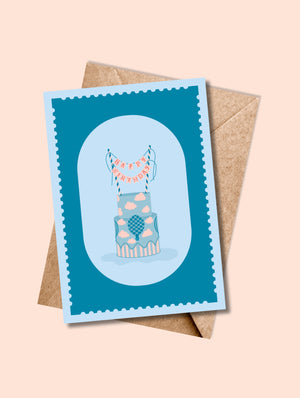 Carte de vœux HAPPY BIRTHDAY, Le Gâteau avec enveloppe kraft – illustration sucrée et festive.