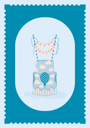 Carte de vœux HAPPY BIRTHDAY, Le Gâteau – illustration d’un gâteau pastel turquoise et rose, décoré de nuages, d’un ananas stylisé et d’un fanion.