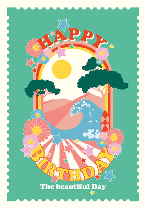 Carte de vœux HAPPY BIRTHDAY, Flower Power – version multicolor avec fleurs vives, arc-en-ciel, vague et soleil sur fond vert.