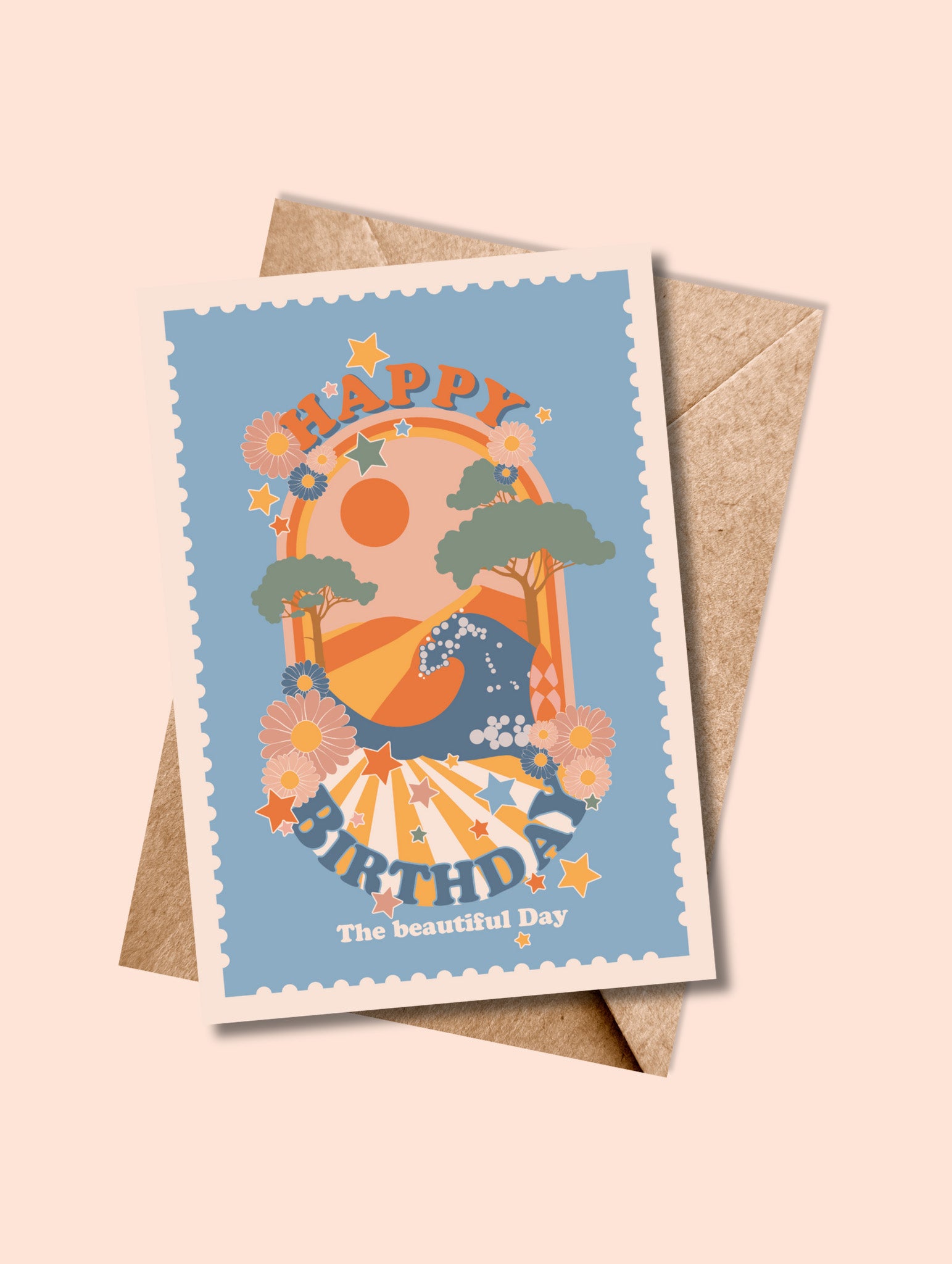 Carte de vœux HAPPY BIRTHDAY, Flower Power – version vintage avec tons ocre, bleu et pêche, scène surf et fleurs rétro.