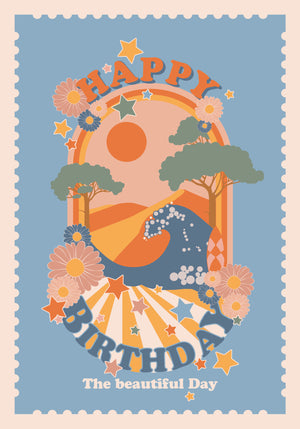 Carte de vœux HAPPY BIRTHDAY, Flower Power – version vintage avec tons ocre, bleu et pêche, scène surf et fleurs rétro.