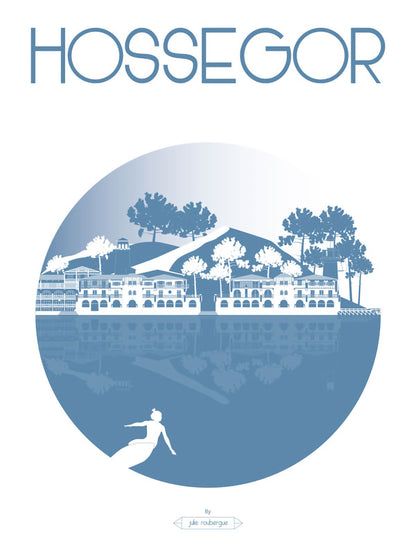 Carte postale illustrée intitulée “Hossegor, La Ville” par Julie Roubergue, représentant les lieux emblématiques de cette station blalnéaire de la côte landaise en bleuet.