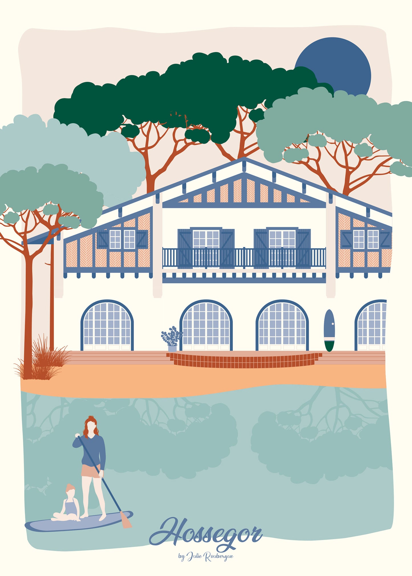 Carte postale illustrée intitulée " Hossegor, Le Lac" par Julie Roubergue, représentant le lac et une villa basco-landaise dans les tons pastel.