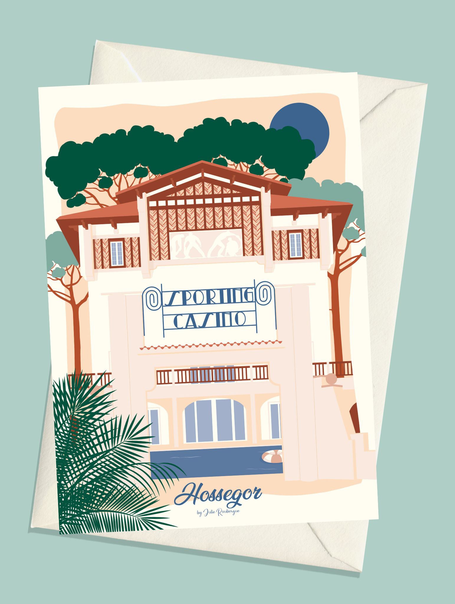 Carte postale Hossegor – Le Sporting avec son enveloppe blanche, illustration pastel par Julie Roubergue.