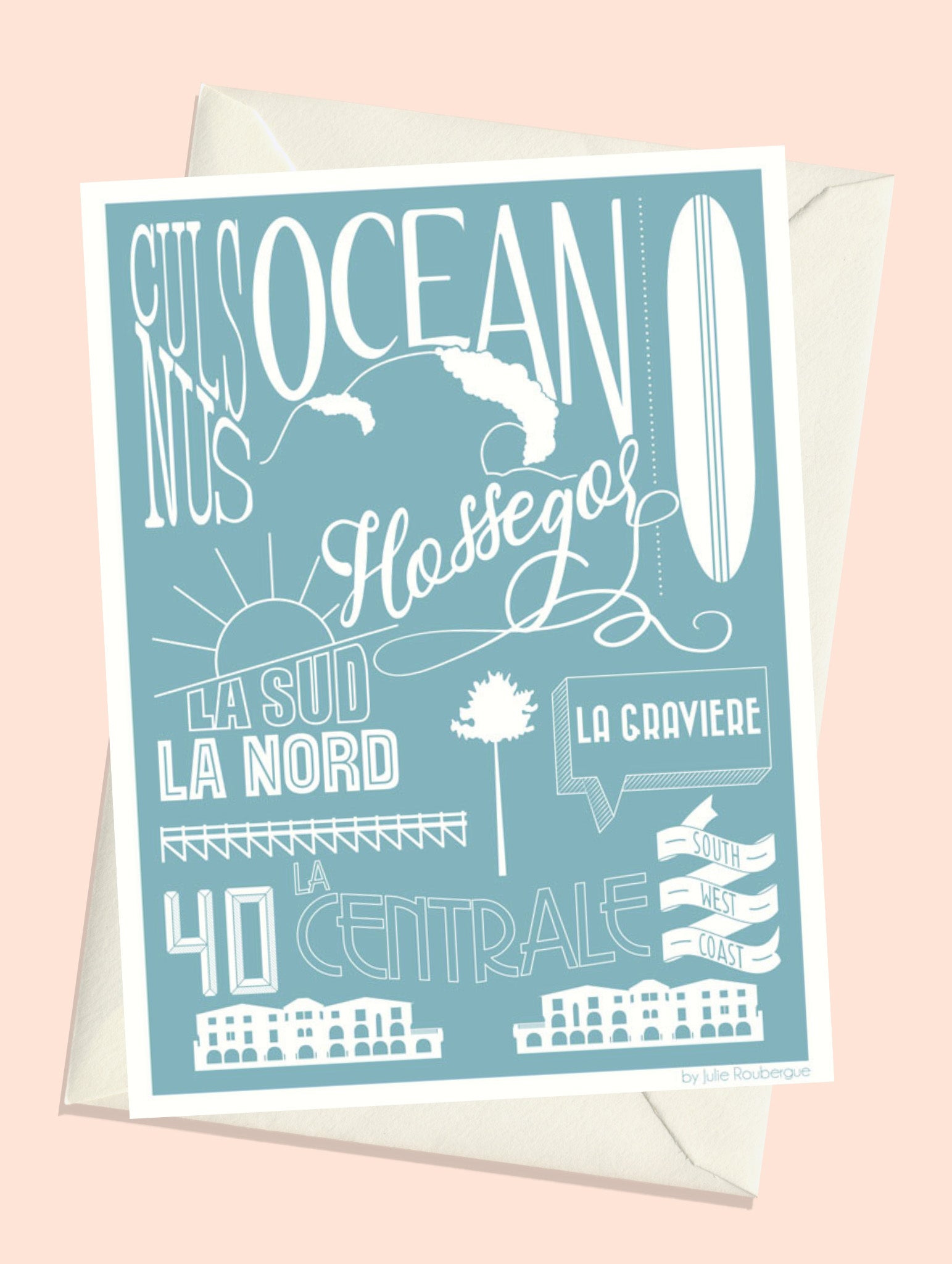 Carte postale illustrée intitulée “Hossegor, Les Plages” par Julie Roubergue, représentant graphiquement les plages de cette station balnéaire de la côte landaise en bleu.