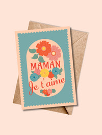 Carte postale MAMAN, Je t’aime avec enveloppe kraft – message fleuri et coloré pour dire je t’aime.