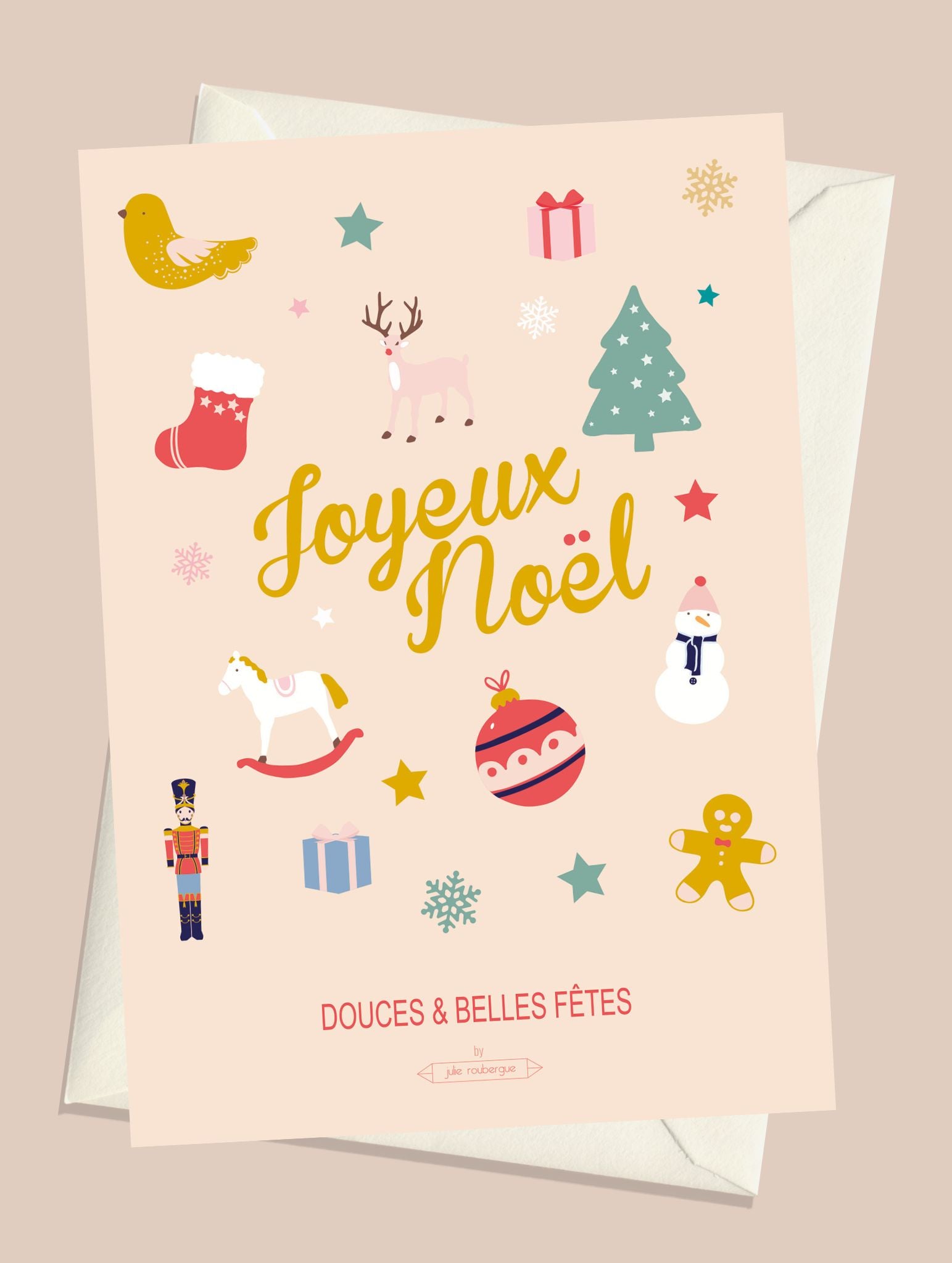 Carte postale Joyeux Noël avec enveloppe blanche – illustration festive Les Iconiques par Julie Roubergue.