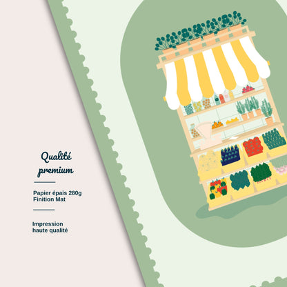 Détail illustration étal de marché jaune et blanc avec légumes et plantes