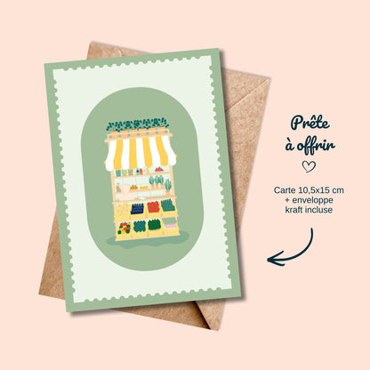 Carte postale marché d’été avec enveloppe kraft style graphique végétal