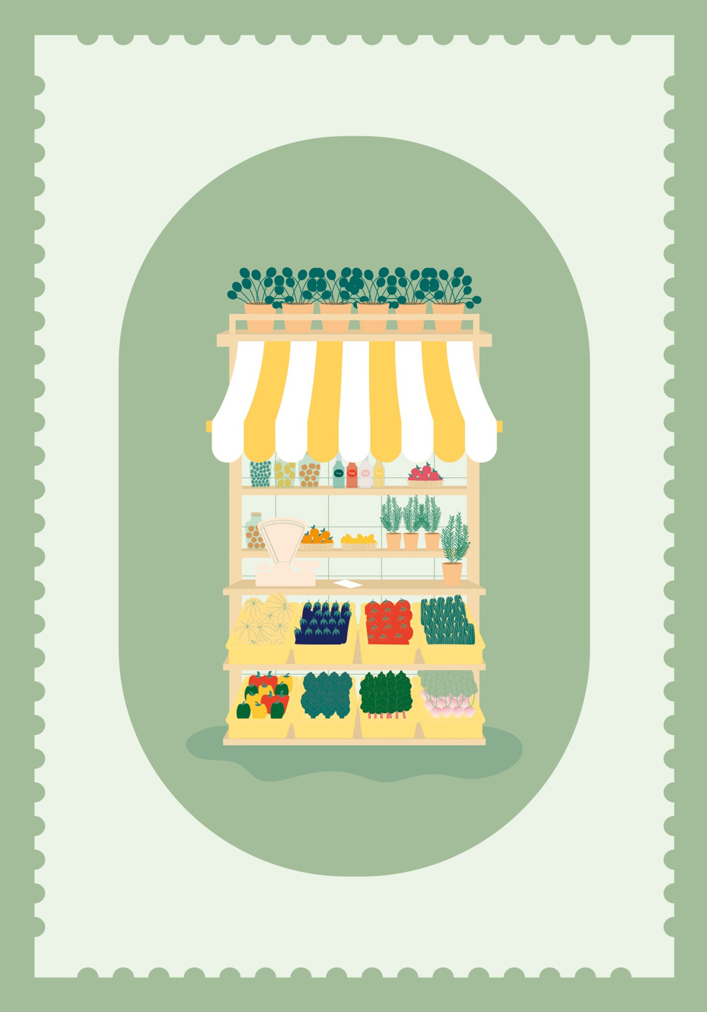 Carte postale illustration marché estival avec fruits légumes et plantes