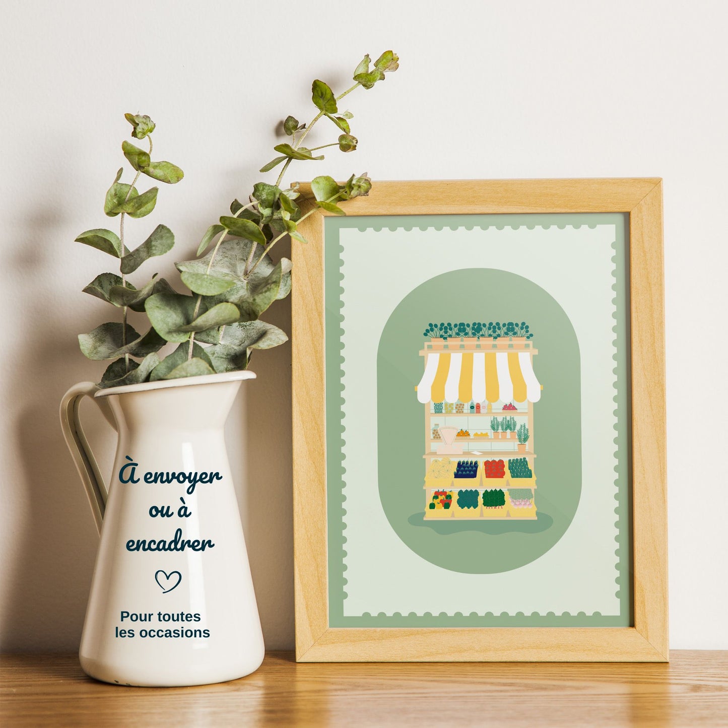 Carte postale encadrée illustration marché coloré décoration cuisine