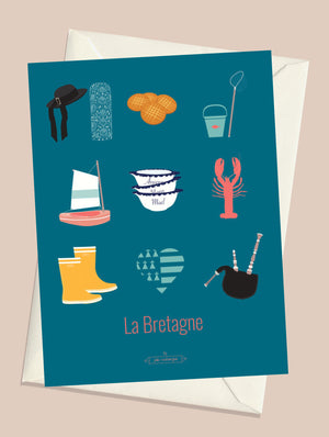 Carte postale La Bretagne – Les Iconiques avec son enveloppe assortie, objets emblématiques de la région bretonne.