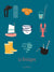 Carte postale La Bretagne – Les Iconiques, affichant une composition d’icônes bretonnes sur fond bleu turquoise.