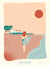 Carte postale Lacanau – Bord de Mer, affichant une surfeuse le long de la plage dans des tons pastel.