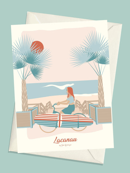 Carte postale Lacanau Le Vélo avec son enveloppe blanche, idéale pour un joli courrier ou un cadeau.