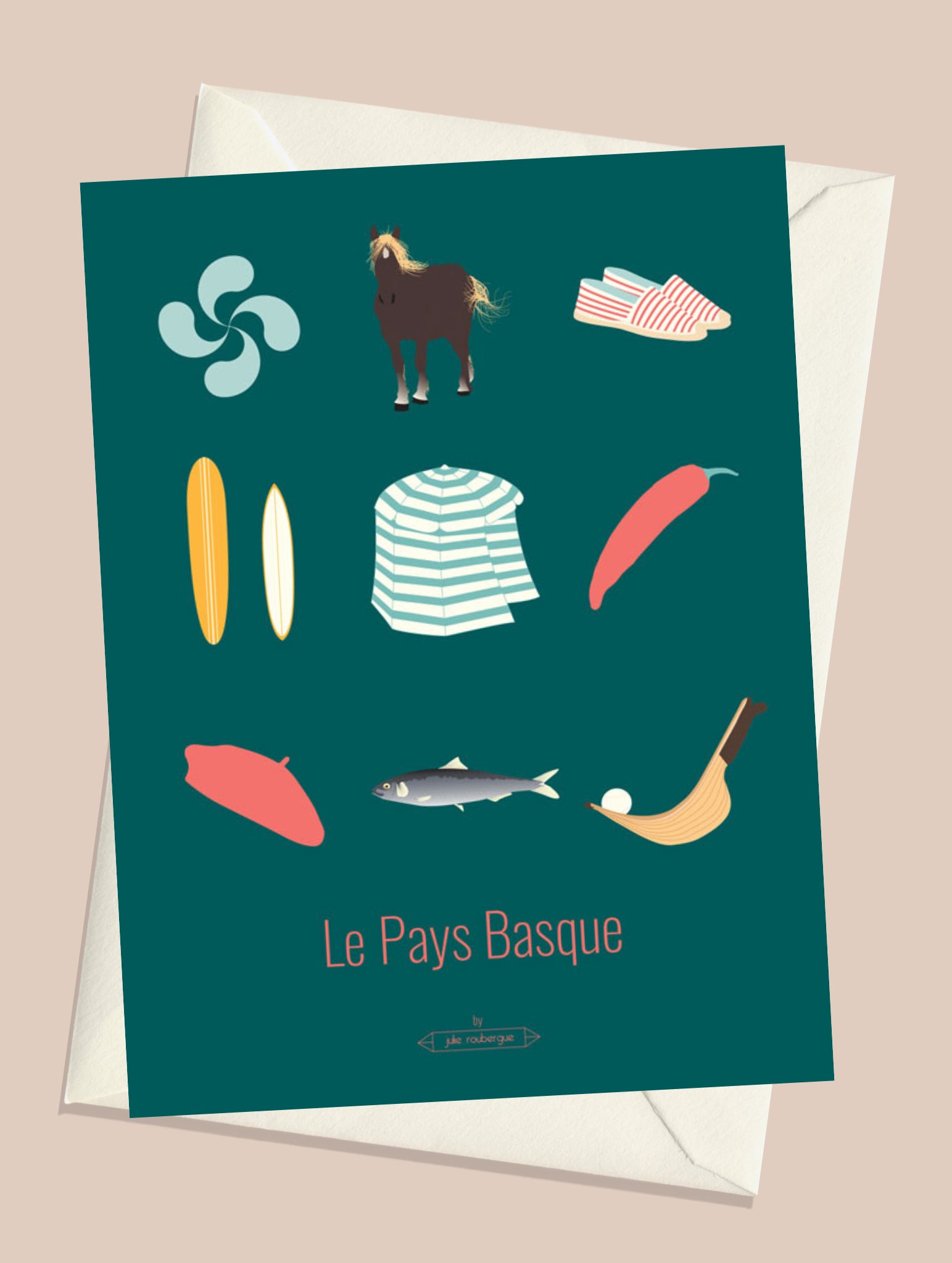 Carte postale Le Pays Basque – Les Iconiques avec enveloppe assortie, illustration régionale inspirée des traditions et de l’océan.
