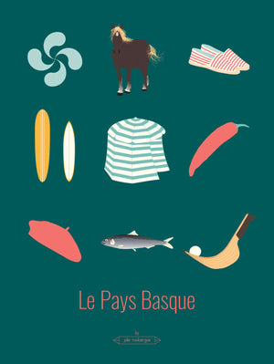 Carte postale Le Pays Basque – Les Iconiques, illustration graphique représentant les symboles emblématiques de la culture basque.
