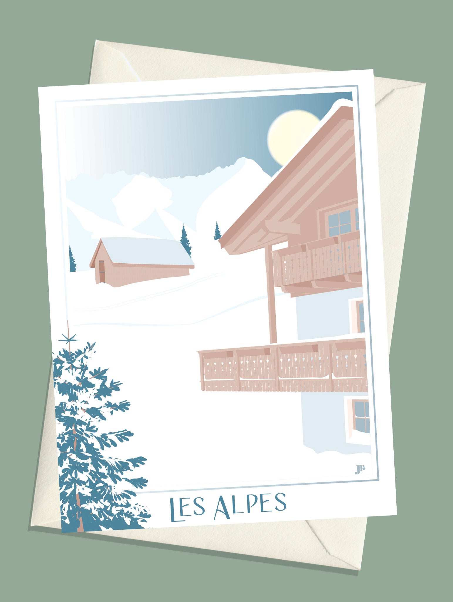 Carte postale Les Alpes – Le Chalet avec son enveloppe assortie, souvenir de vos vacances au ski