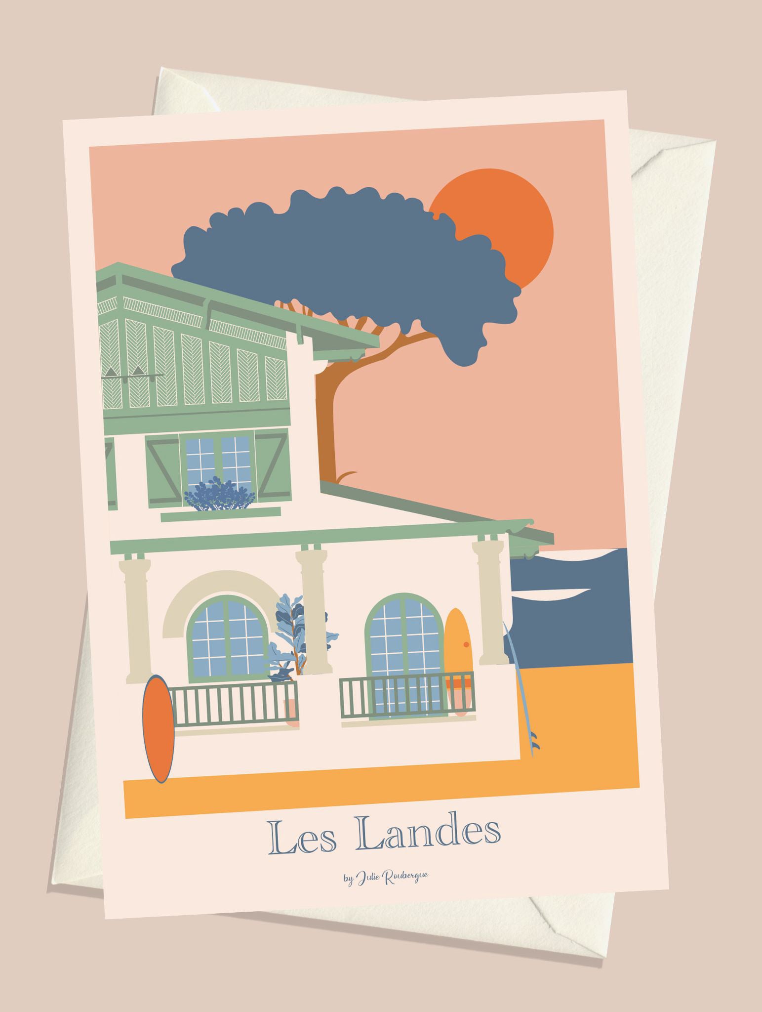 Carte postale Les Landes – Bord de Mer accompagnée de son enveloppe, illustration douce et élégante.