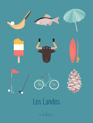 Carte postale Les Landes – Les Iconiques, affichant une composition d’icônes landaises sur fond bleu-vert.
