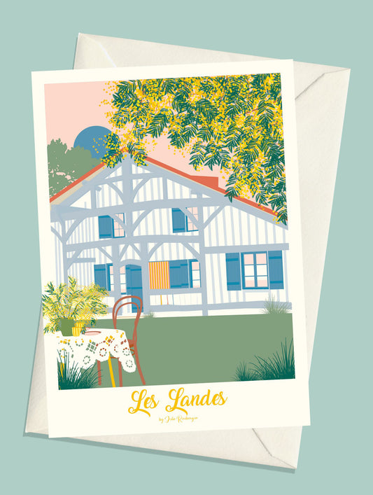 Carte postale Les Landes Mimosas avec enveloppe. Illustration d’une maison landaise sous les fleurs de mimosa.