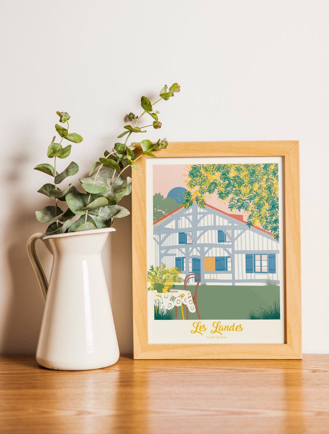 Carte postale Les Landes Mimosas encadrée – décoration chaleureuse et florale inspirée du Sud-Ouest.