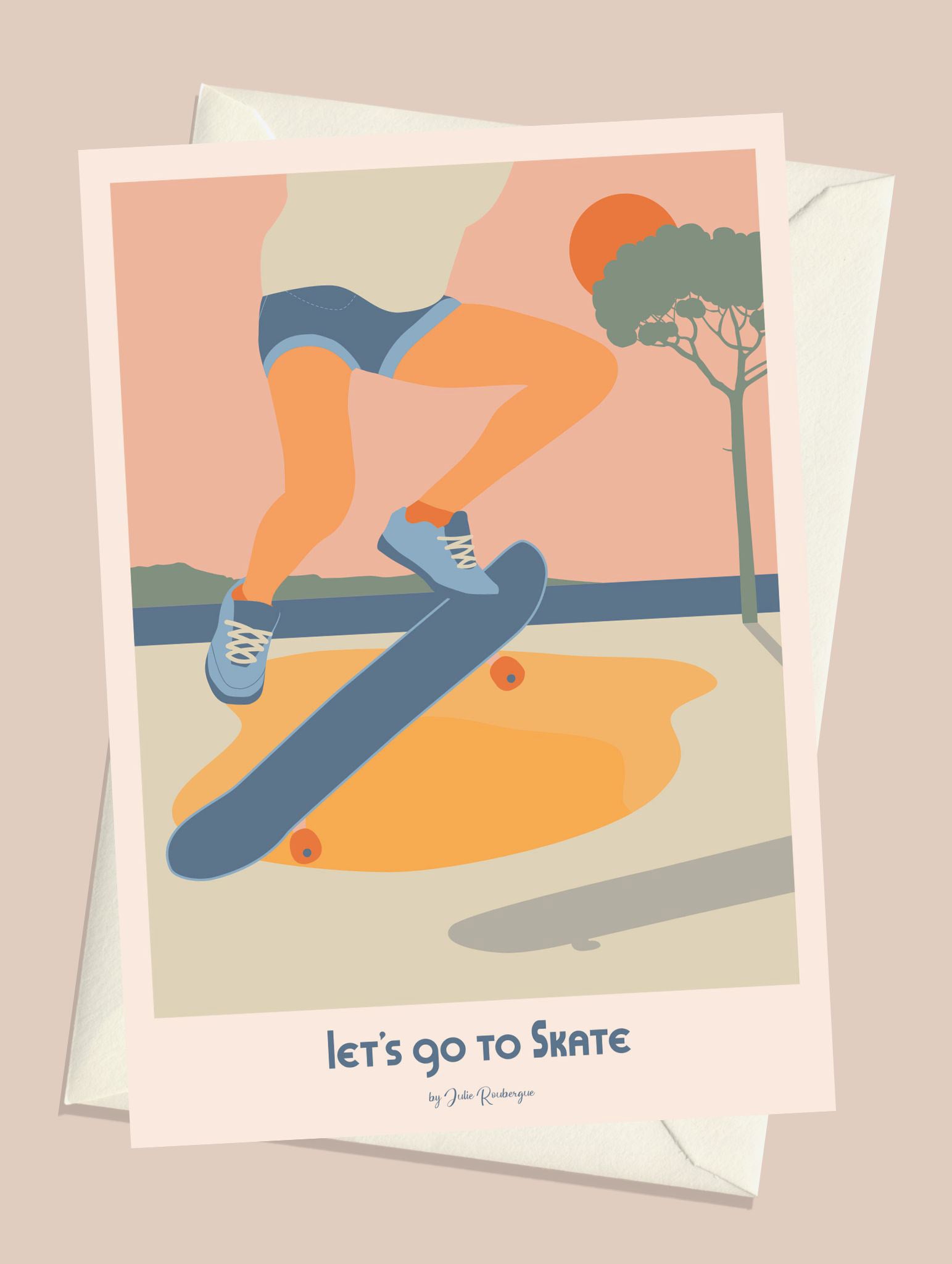 Carte postale Let’s Go to Skate avec son enveloppe. Illustration colorée d’une figure de skate au coucher du soleil.