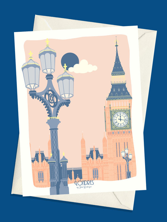 Carte postale illustrée intitulée “Londres, Bigben” par Julie Roubergue, représentant la fameuse tour horloge du palais de Westminster à Londres dans des tons pastel.