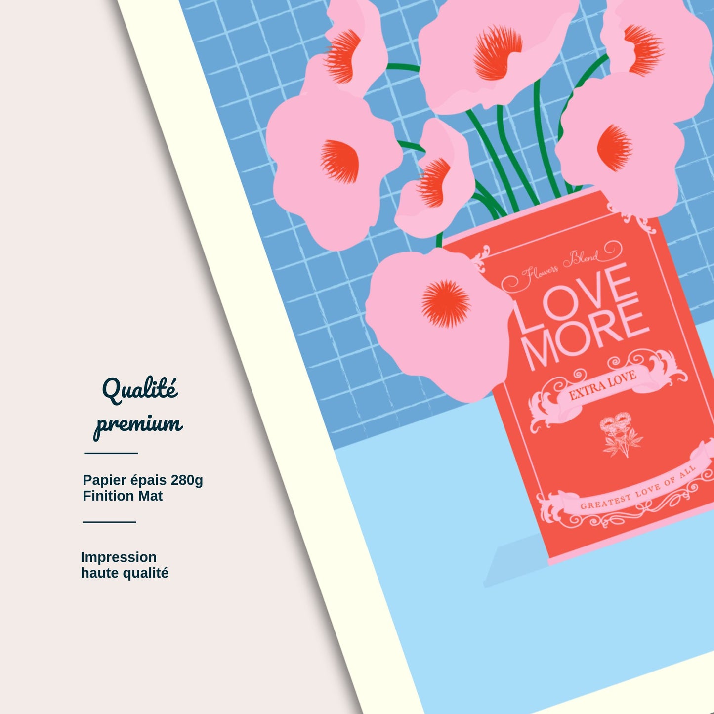 Détail illustration fleurs roses et boîte vintage Love More