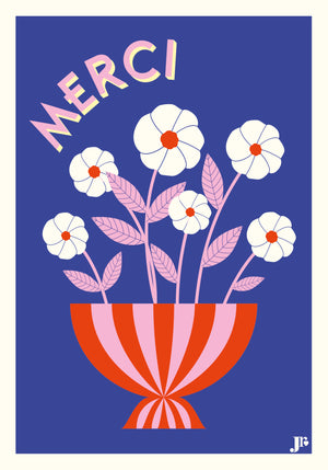Carte postale MERCI, Les Fleurs – illustration d’un bouquet graphique dans un vase rayé rouge et rose, sur fond bleu intense.