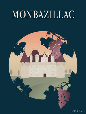 Carte postale Monbazillac – Le Château, illustration graphique et poétique du fameux château et des vignes sur fond bleu marine. 