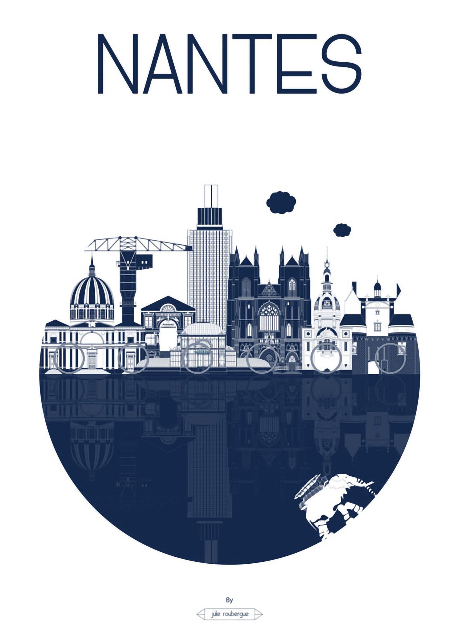 Carte postale illustrée "Nantes, La Ville" en version marine, vue détaillée.
