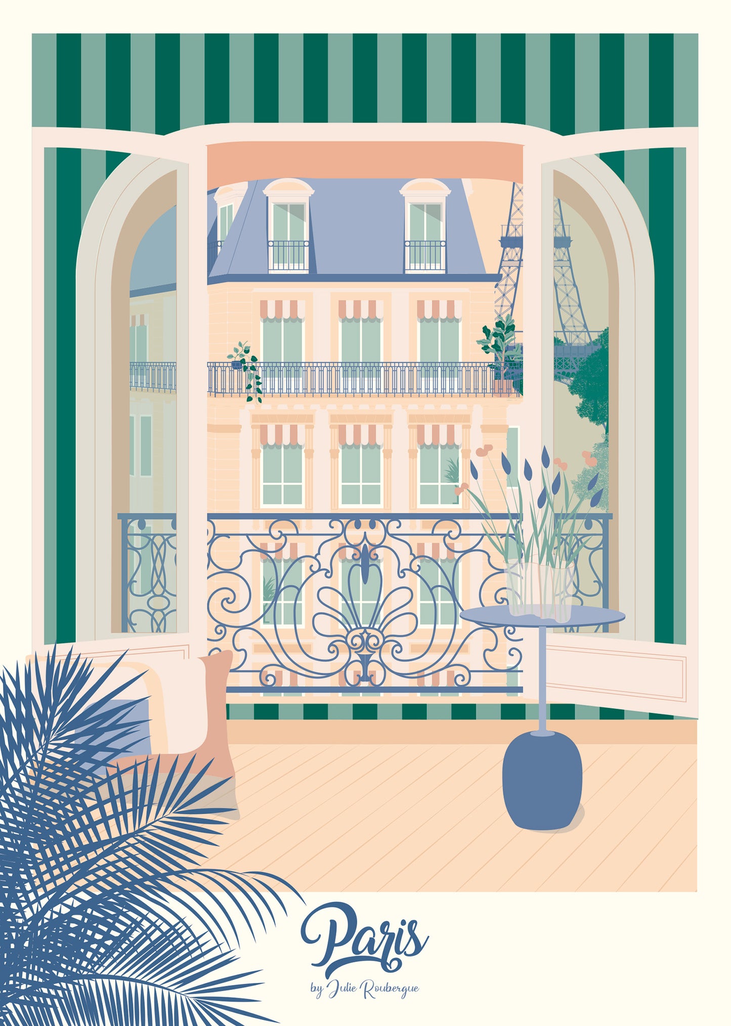 Carte postale illustrée intitulée "Paris, La Fenêtre" par Julie Roubergue, représentant une vue d'un appartement parisien sur la Tour Eiffel dans les tons pastel.