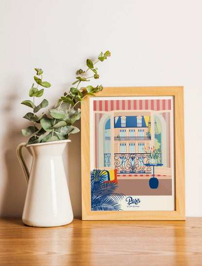 Carte postale illustrée intitulée "Paris, La Fenêtre par Julie Roubergue, représentant une vue d'un appartement parisien sur la Tour Eiffel dans les tons vifs.