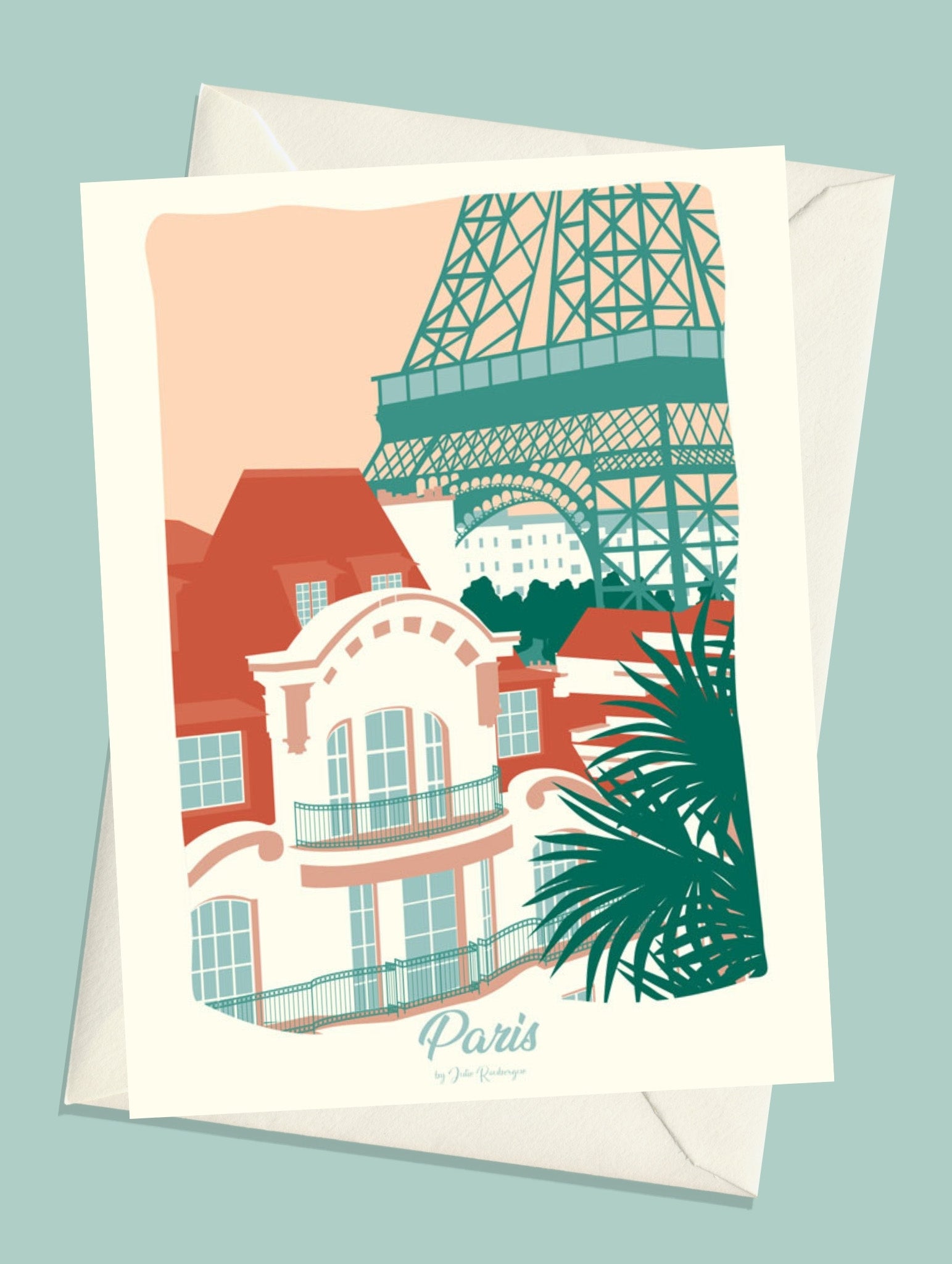 Carte postale illustrée intitulée "Paris, Les Toits" par Julie Roubergue, représentant une vue sur les toits de la capitale et sur la Tour Eiffel dans les tons pastel.