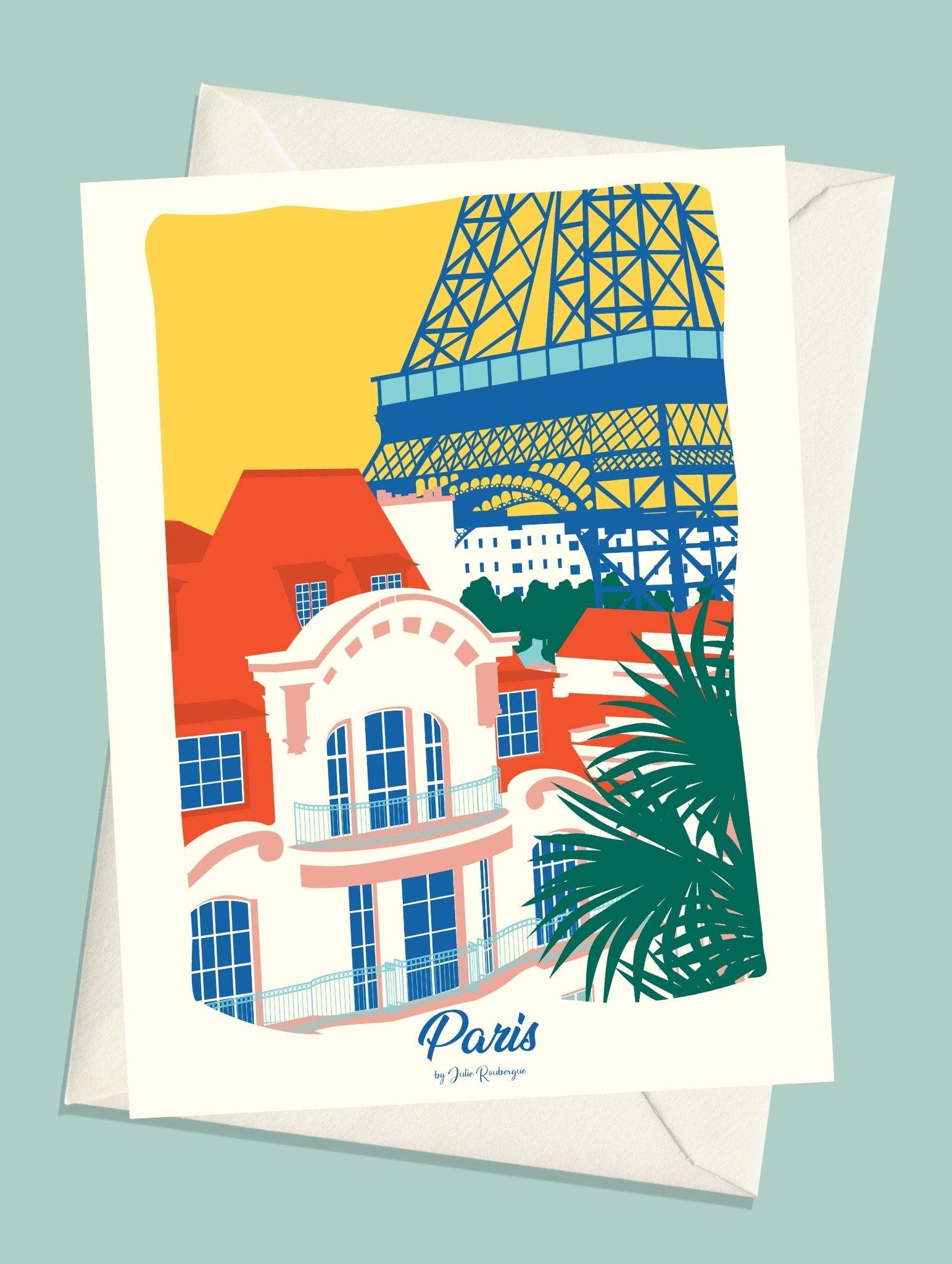 Carte postale illustrée intitulée "Paris, Les Toits" par Julie Roubergue, représentant une vue sur les toits de la capitale et sur la Tour Eiffel dans les tons vifs.
