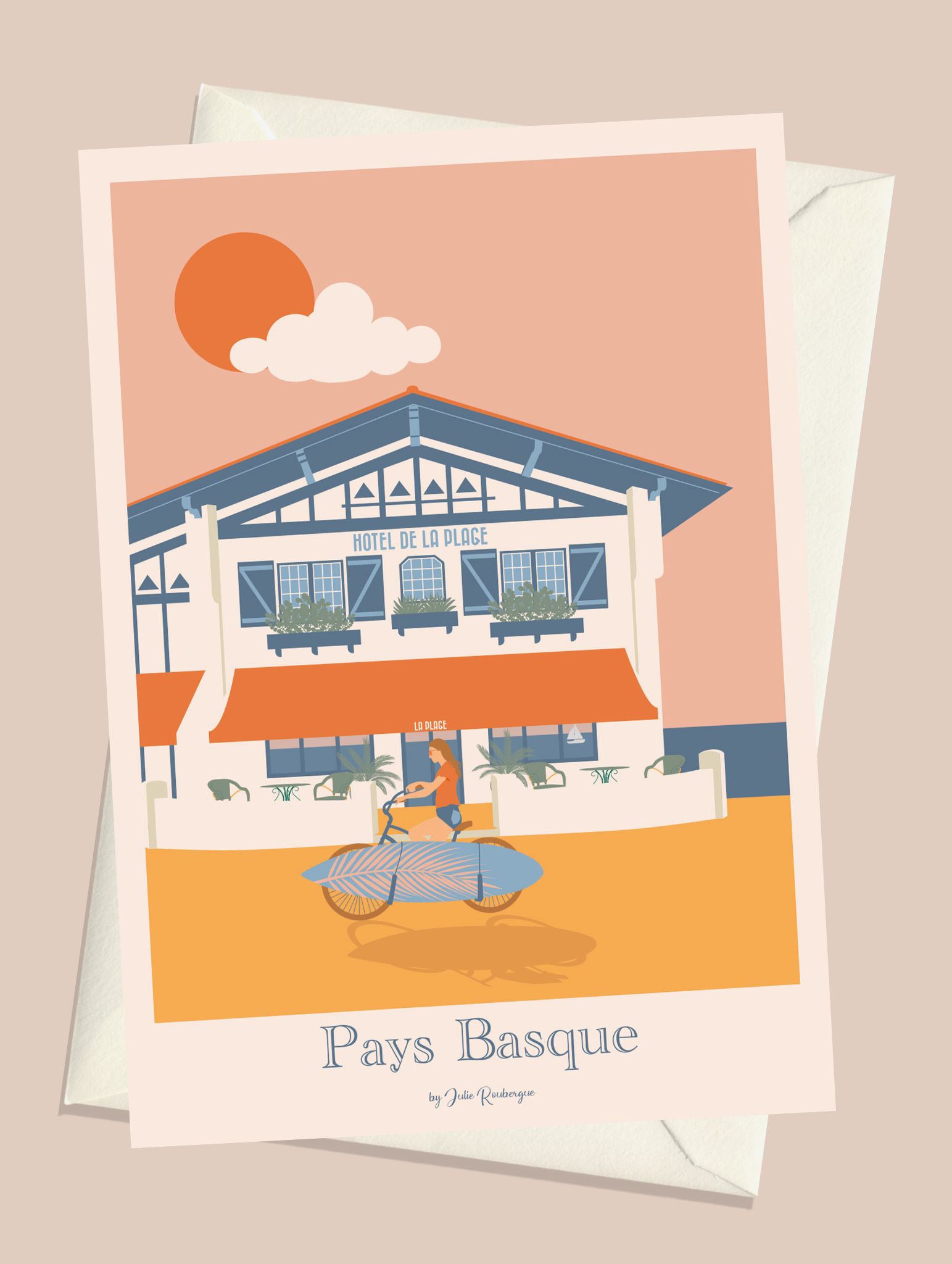 Carte postale Pays Basque – Bord de Mer avec son enveloppe, illustration douce et estivale.
