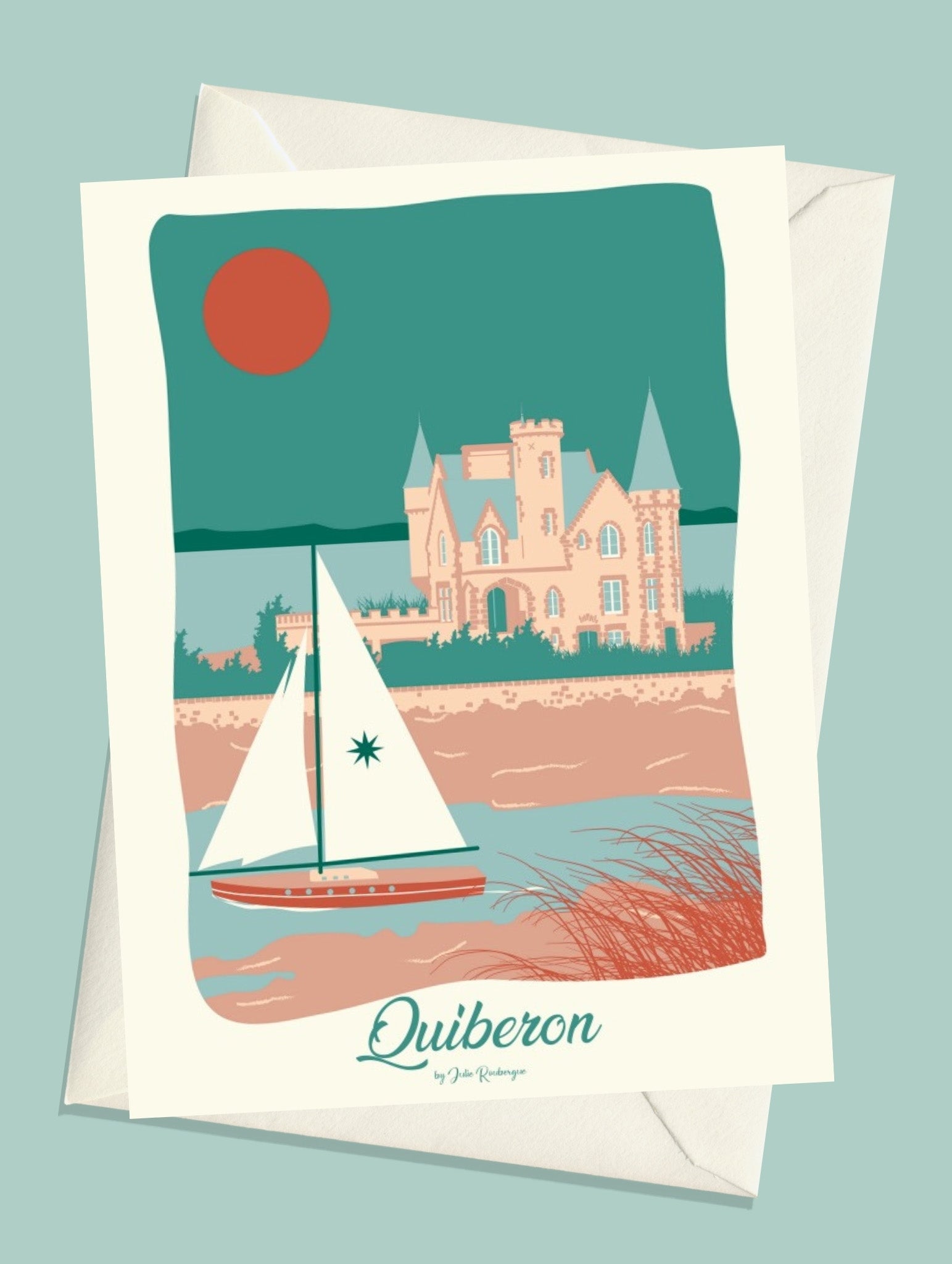Carte postale Quiberon, Château Turpault – illustration avec enveloppe assortie, ambiance mer et architecture.