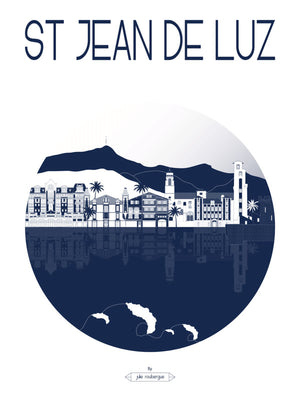 Carte postale Saint-Jean-de-Luz – La Ville (marine) : silhouettes basques emblématiques et reflets graphiques dans un cercle stylisé.