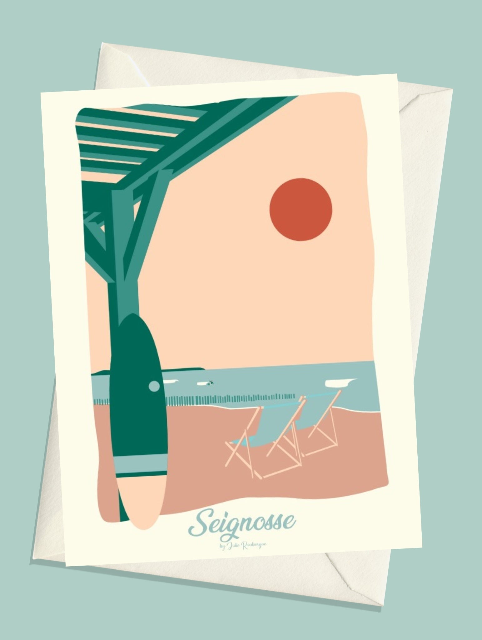 Carte postale Seignosse La Plage avec enveloppe – illustration d’un coin de plage sous pergola face à l’océan.