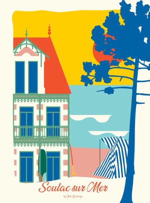 Carte postale Soulac-sur-Mer, Bord de Mer – illustration colorée d’une villa  sur la plage du Médoc.