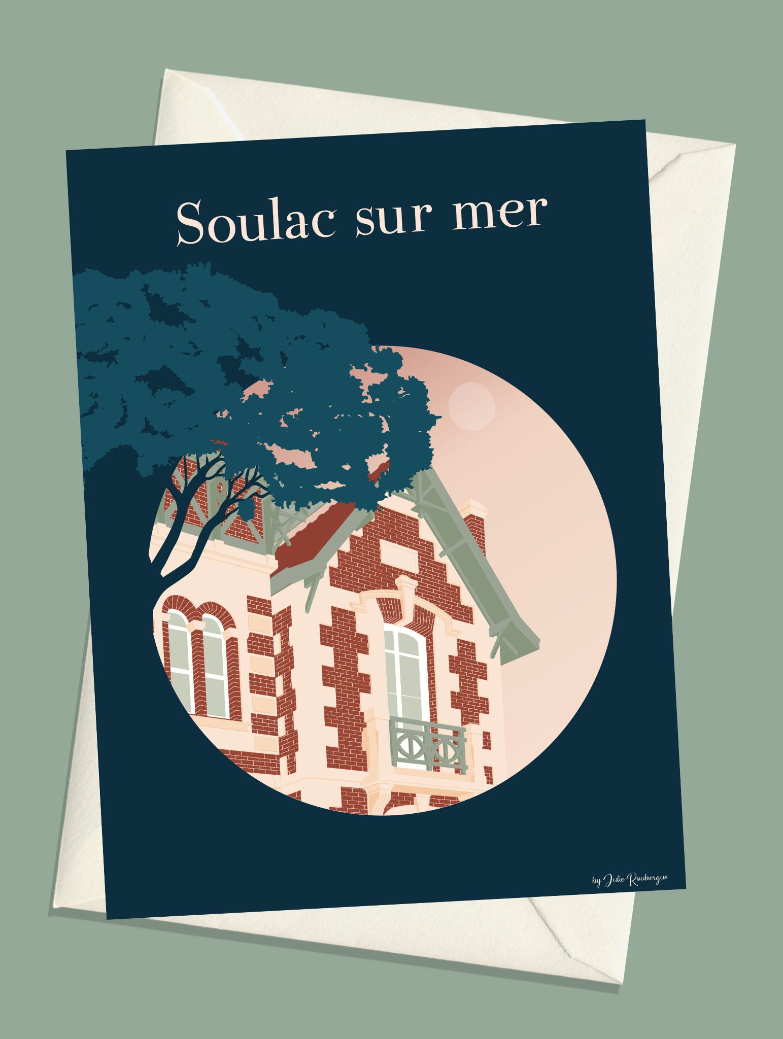 Carte postale Soulac-sur-Mer – La Maison, illustration du villa typique du Médoc de bord de mer avec enveloppe assortie.  