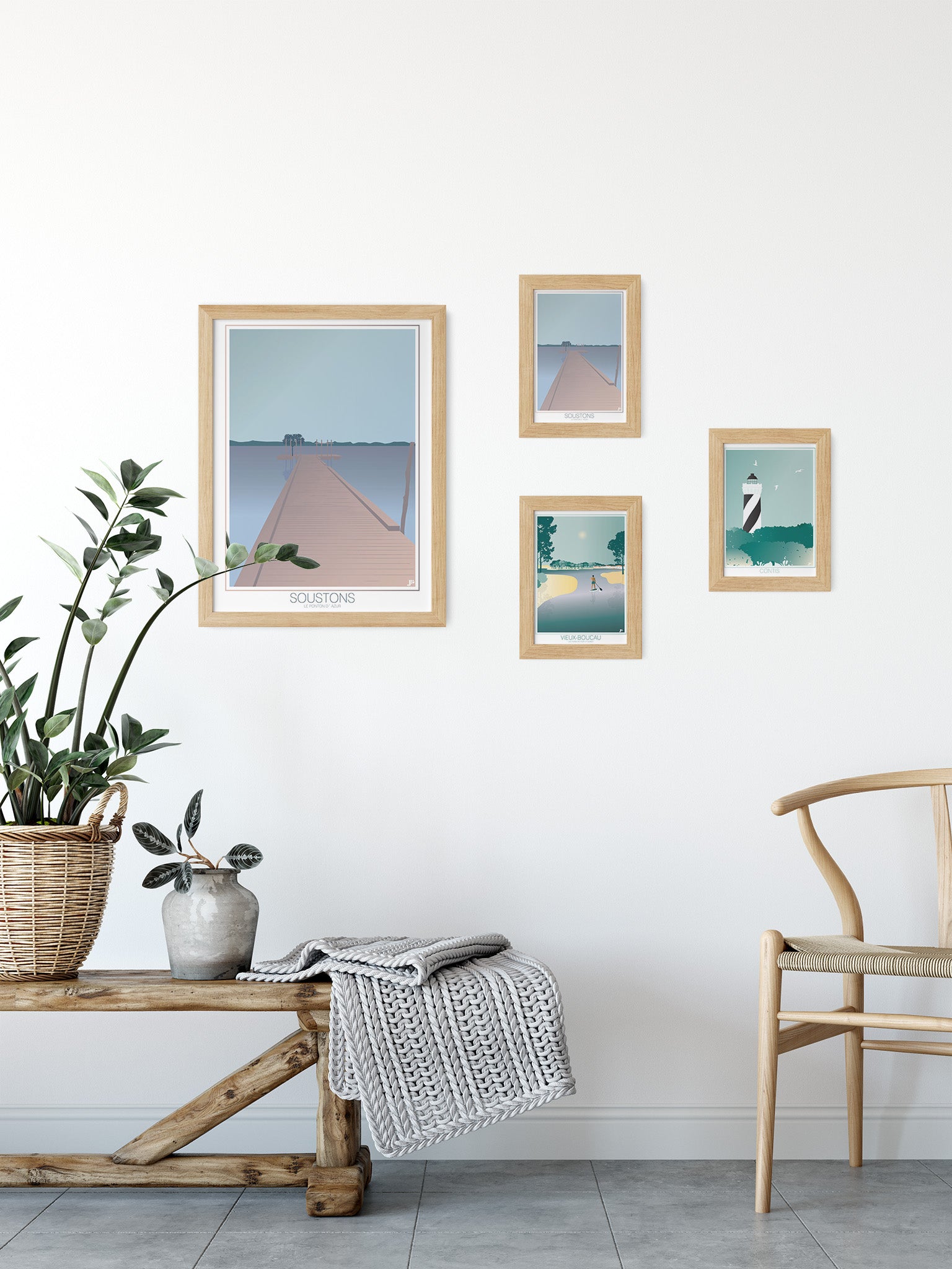 Cartes postales illustrées sur le thème des Landes par Julie Roubergue dans des tons doux.