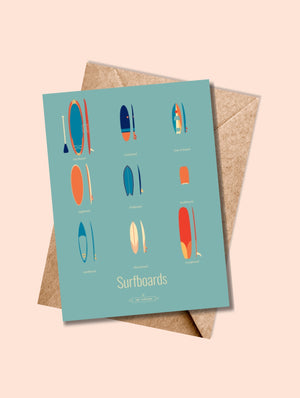 Carte postale Surfboards, Les Iconiques avec un fond bleu, accompagnée de son enveloppe kraft.