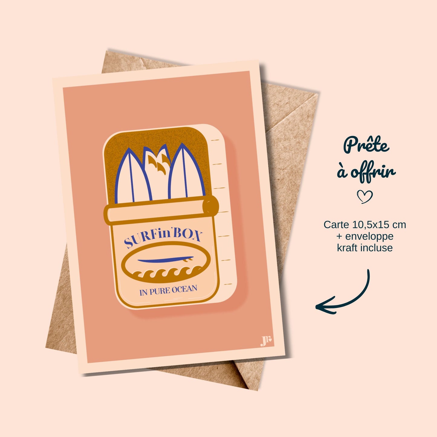 Carte postale Surfin'Box, Ocre avec enveloppe kraft prête à offrir illustration Julieroubergue