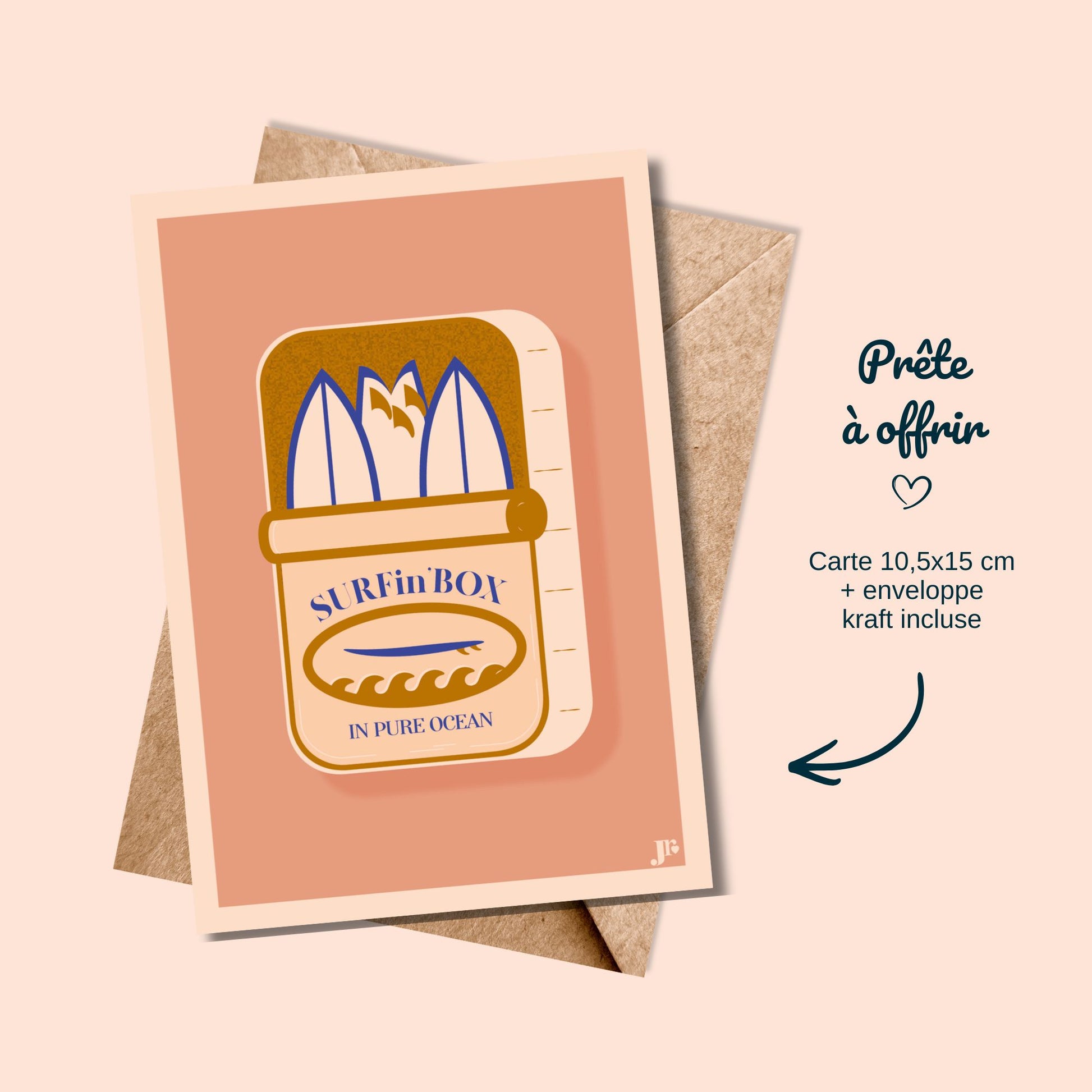 Carte postale Surfin'Box, Ocre avec enveloppe kraft prête à offrir illustration Julieroubergue