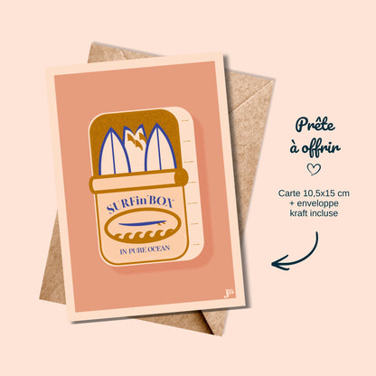 Carte postale Surfin'Box, Ocre avec enveloppe kraft prête à offrir illustration Julieroubergue