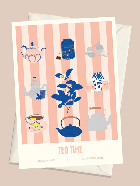 Carte postale Tea Time rose avec enveloppe assortie, ambiance douce et rétro.